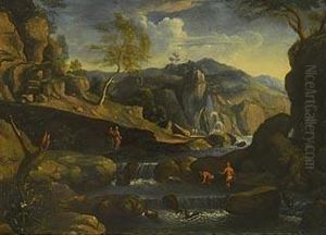 Par De Paisajes Rocosos Con Cascadas Y Banistas