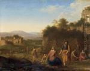 Paysage De La Campagne Romaine
Avec Abraham Et Isaac > - < Paysage Avec Ruines Animees De Personnages by Cornelis Van Poelenburch