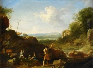 Bergigt Landskap Med Figurer by Cornelis Van Poelenburch
