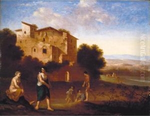 A Southern Landscape With Figures In Classical Dress Before A Ruined House