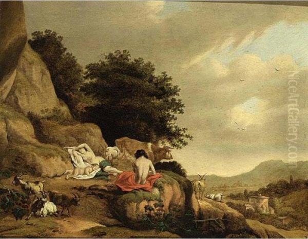 An Arcadian Landscape With A Nymph And A Shepherd Resting Together With Goats And A Cow - view 1