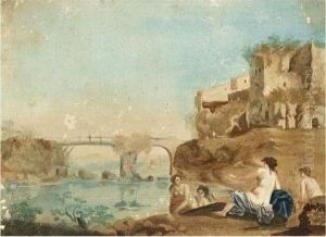 Four Women Bathing Near Ruins, A Bridge Beyond by Cornelis Van Poelenburch