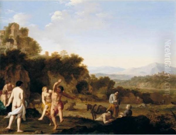 A Southern Landscape With Figures Dancing Before A Set Of Ruins, A Town Beyond - view 1