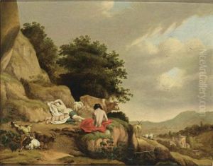 An Arcadian Landscape With A 
Nymph And A Shepherd Resting, Together With Goats And A Cow, A Village 
In The Distance