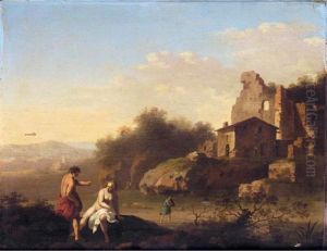 A Southern Landscape With Two Figures Bathing Near Ruins by Cornelis Van Poelenburch