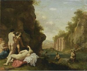 Nymphs Bathing In A Classical Landscape Near A Grotto by Cornelis Van Poelenburch