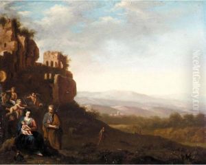 An Italianate Landscape With The Holy Family Before Ruins by Cornelis Van Poelenburch