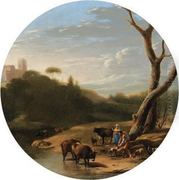An Italianate Wooded Landscape
With A Herdsman And A Shepherdess,cattle And Goats Watering At A Stream - view 1