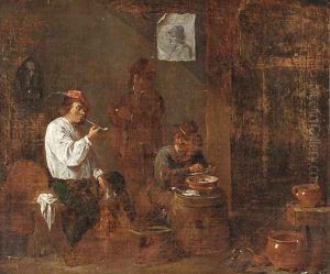 Boors smoking and drinking in a tavern interior by David The Younger Teniers