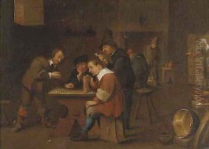 Peasants playing dice, smoking and drinking in an inn by David The Younger Teniers