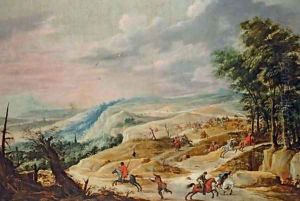 An extensive landscape with a cavalry skirmish on a ridge by David The Younger Teniers