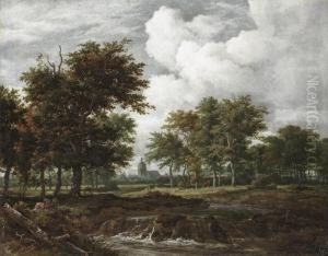 A Wooded Landscape With A Shepherd And His Flock Near A Waterfall, A Town Beyond by Jacob Van Ruisdael