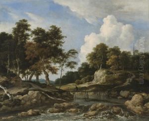 A Wooded River Landscape With A Bridge, A Church Beyond by Jacob Van Ruisdael