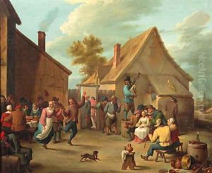 Peasants merrymaking in the courtyard of an inn by David The Younger Teniers