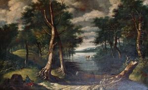 Figures In A Wooded Landscape by Jacob Van Ruisdael
