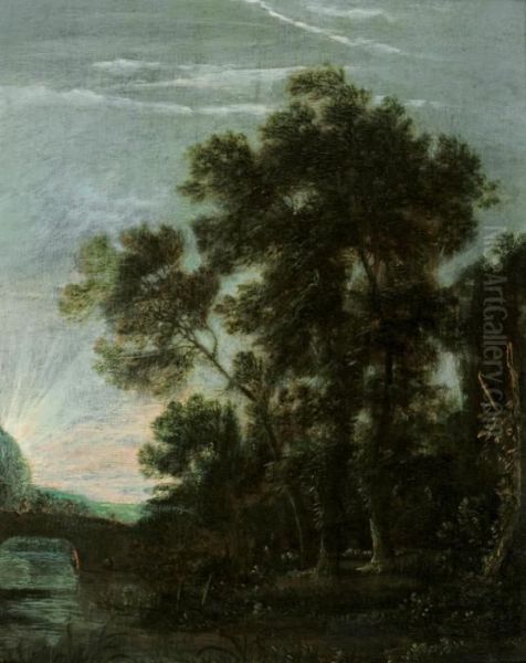 Fluslandschaft Mit Hohen Baumen Bei Einer Brucke - view 1
