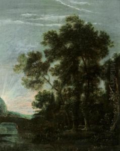 Fluslandschaft Mit Hohen Baumen Bei Einer Brucke by Jacob Van Ruisdael