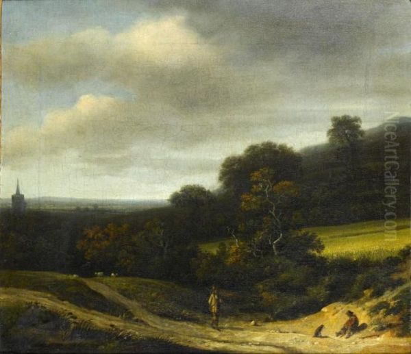 Wooded Landscape With Figures On A Sandy Road Before A Distant Town - view 1