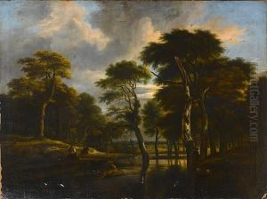 A Wooded River Landscape With A Stag Hunt by Jacob Van Ruisdael
