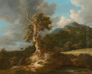 Mountainous Landscape With A Large Oak Before A Cornfield. by Jacob Van Ruisdael