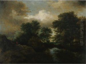A Wooded Landscape With A Pool And A Peasant With His Dogs On Arise by Jacob Van Ruisdael