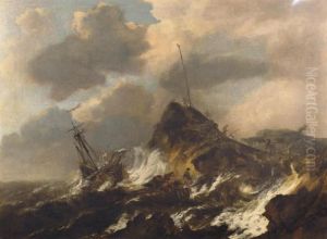 A Ship In A Storm Off A Rocky Coast