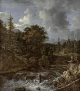 A Scandinavian Landscape With A Wood Beside A Torrent And A Waterfall, A Cottage Beyond by Jacob Van Ruisdael