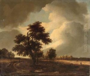 A Wooded Landscape With Travellers On A Track And A Shepherd With His Flock by Jacob Van Ruisdael