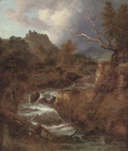 A Mountainous Wooded River Landscape With A Stag By A Waterfall, Bentheim Castle Beyond