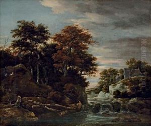 A Wooded River Landscape With A Waterfall, A Shepherd With His Flock And Houses Beyond by Jacob Van Ruisdael