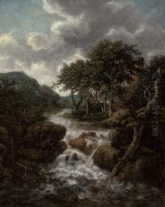 A Wooded River Landscape With A Waterfall by Jacob Van Ruisdael