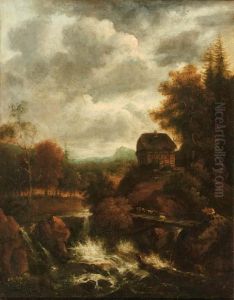 A Wooded River Landscape With A 
Waterfall And A Shepherd With His Flock Crossing A Bridge