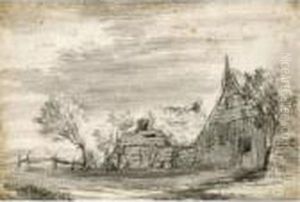 View Of Thatched Farm Buildings, With A Willow Tree To The Left by Jacob Van Ruisdael