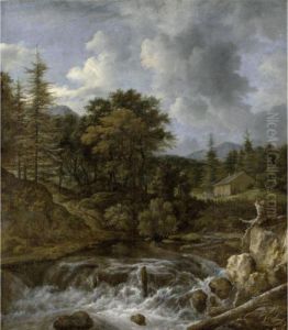 Scandinavian Landscape With A 
Wood Beside A Torrent And A Waterfall A Cottage 
Beyond