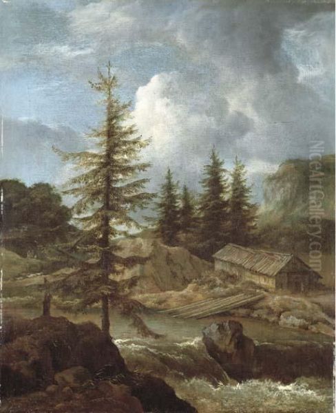 A Wooded River Landscape With Peasants By A Woodshed - view 1