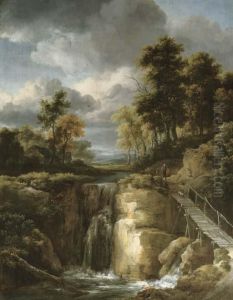 A Wooded River Landscape With A Waterfall And Figures by Jacob Van Ruisdael