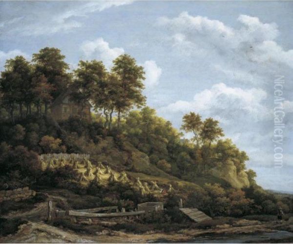 Hilly Landscape With Stooks Of Wheat - view 1
