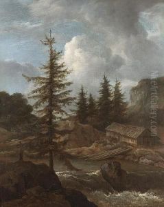 A Scandinavian Landscape With A Timber Hut Beside A Waterfall by Jacob Van Ruisdael