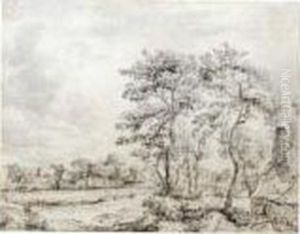 Recto : Wooded Landscape With Cottages Verso : Partial Counterproof Of Another Landscape by Jacob Van Ruisdael