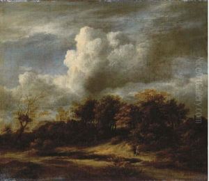 A Wooded Landscape With Travellers Walking Among The Dunes by Jacob Van Ruisdael