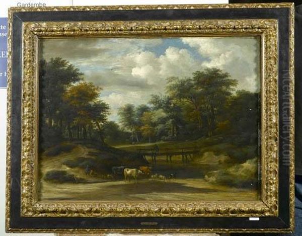 Waldweg Mit Vieh Und Hirten An Einem Teich. - view 1