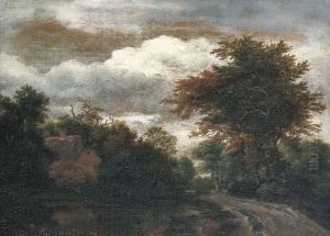 A Wooded Landscape With A Traveller On A Path By A Pond by Jacob Van Ruisdael