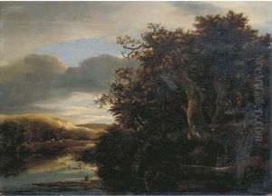 A Wooded River Landscape With Travellers On A Path by Jacob Van Ruisdael