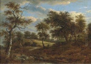 A Wooded Landscape With A Shepherd Driving His Flock
