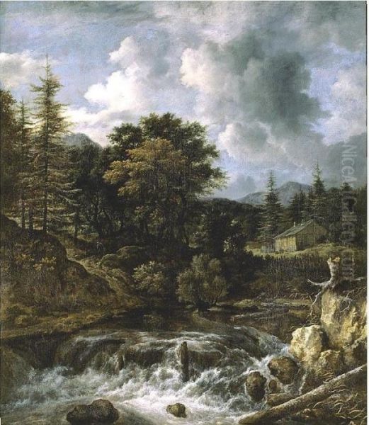 Torrent In A Wooded Landscape, A Cottage Beyond - view 1