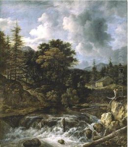 Torrent In A Wooded Landscape, A Cottage Beyond by Jacob Van Ruisdael