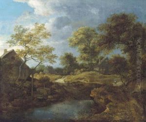 A Wooded River Landscape With Travellers On A Track By Ahamlet