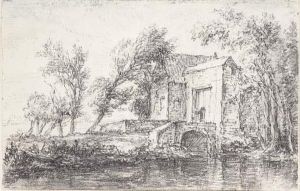 A Landscape With A Farmhouse By A River by Jacob Van Ruisdael