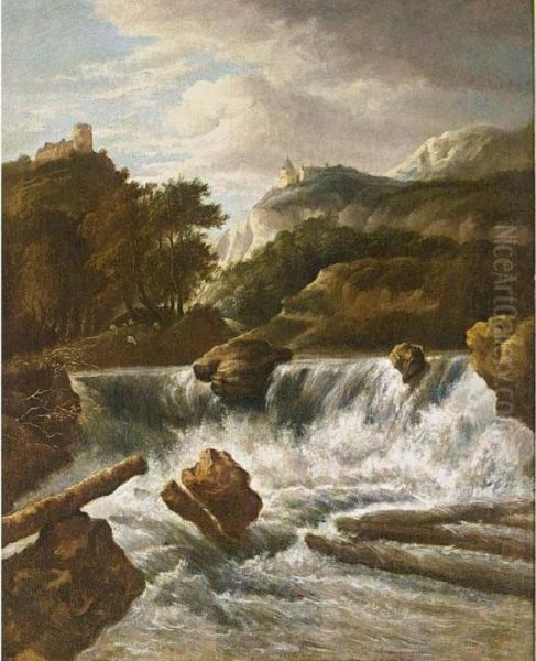 A Scandinavian Landscape With A Waterfall, Castles Beyond - view 1