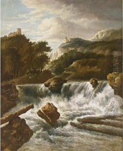 A Scandinavian Landscape With A Waterfall, Castles Beyond